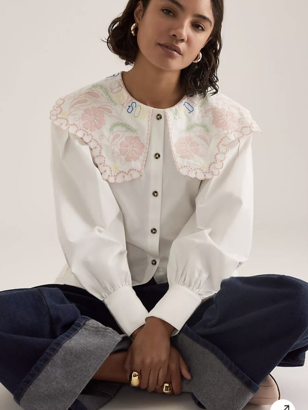 Embroidered Scallop-Collar White Button Front Blouse